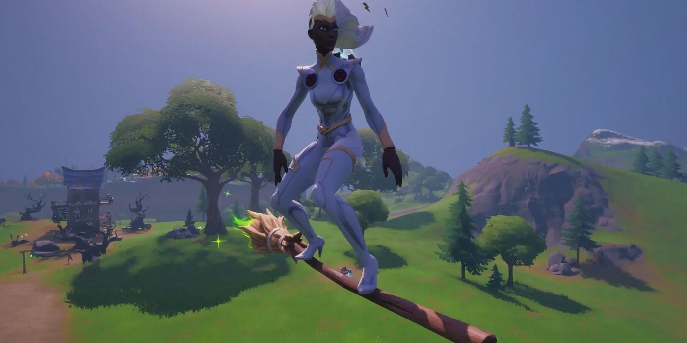 Storm rides a Witch Broom during Fortnitemares in Fortnite