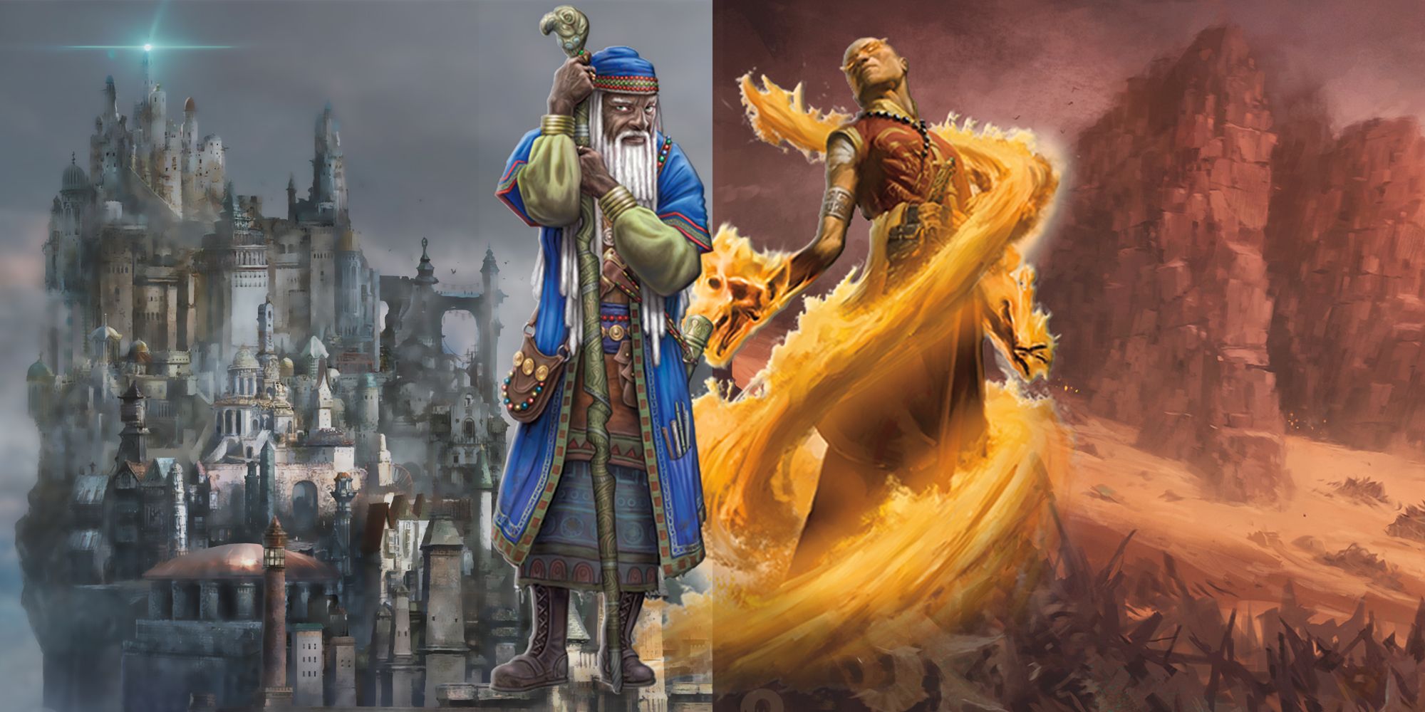 Uma imagem em tela dividida de um Mago e um Feiticeiro em Dungeons and Dragons