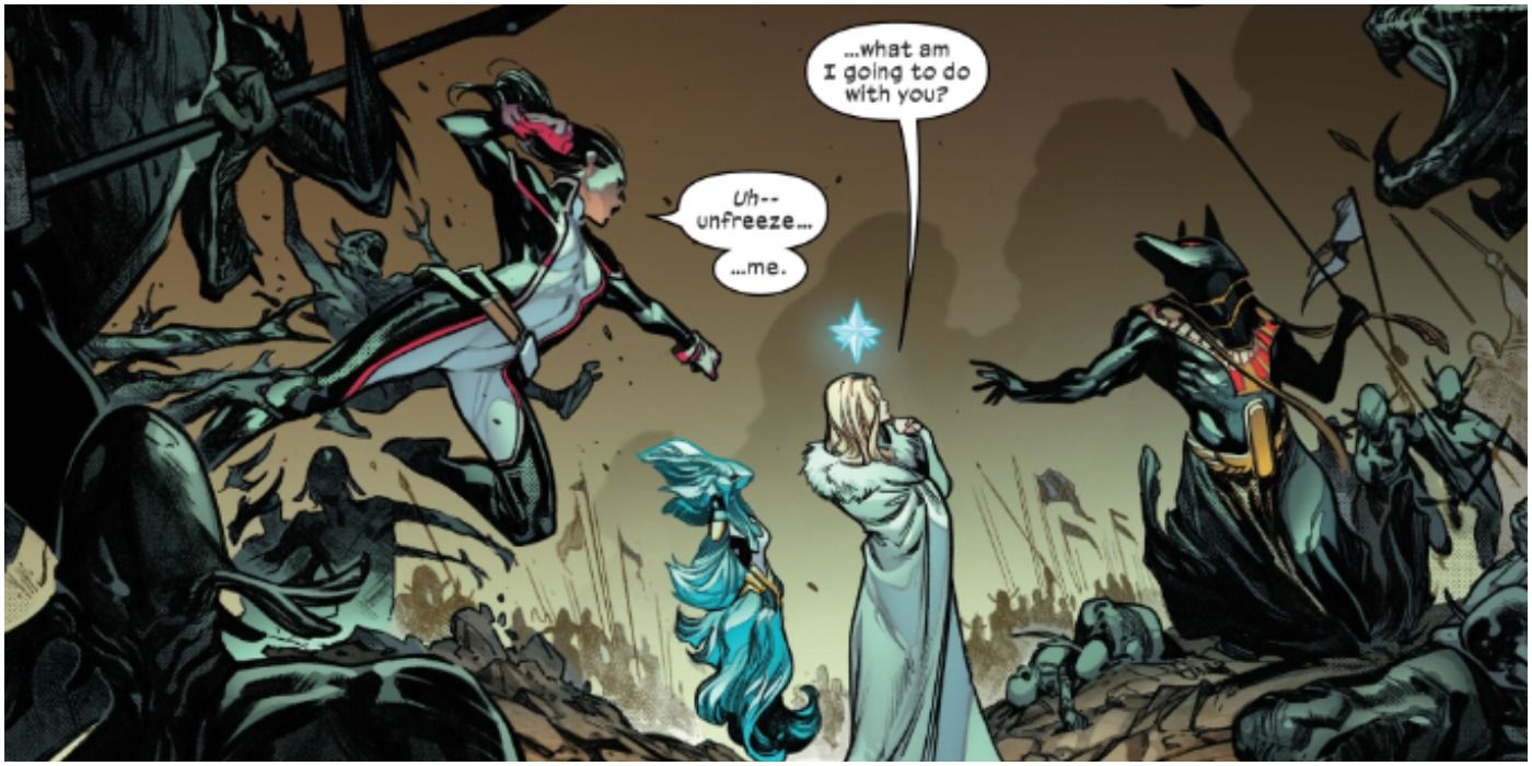 Saturnyne freezes M and Death in X Of Swords comic.