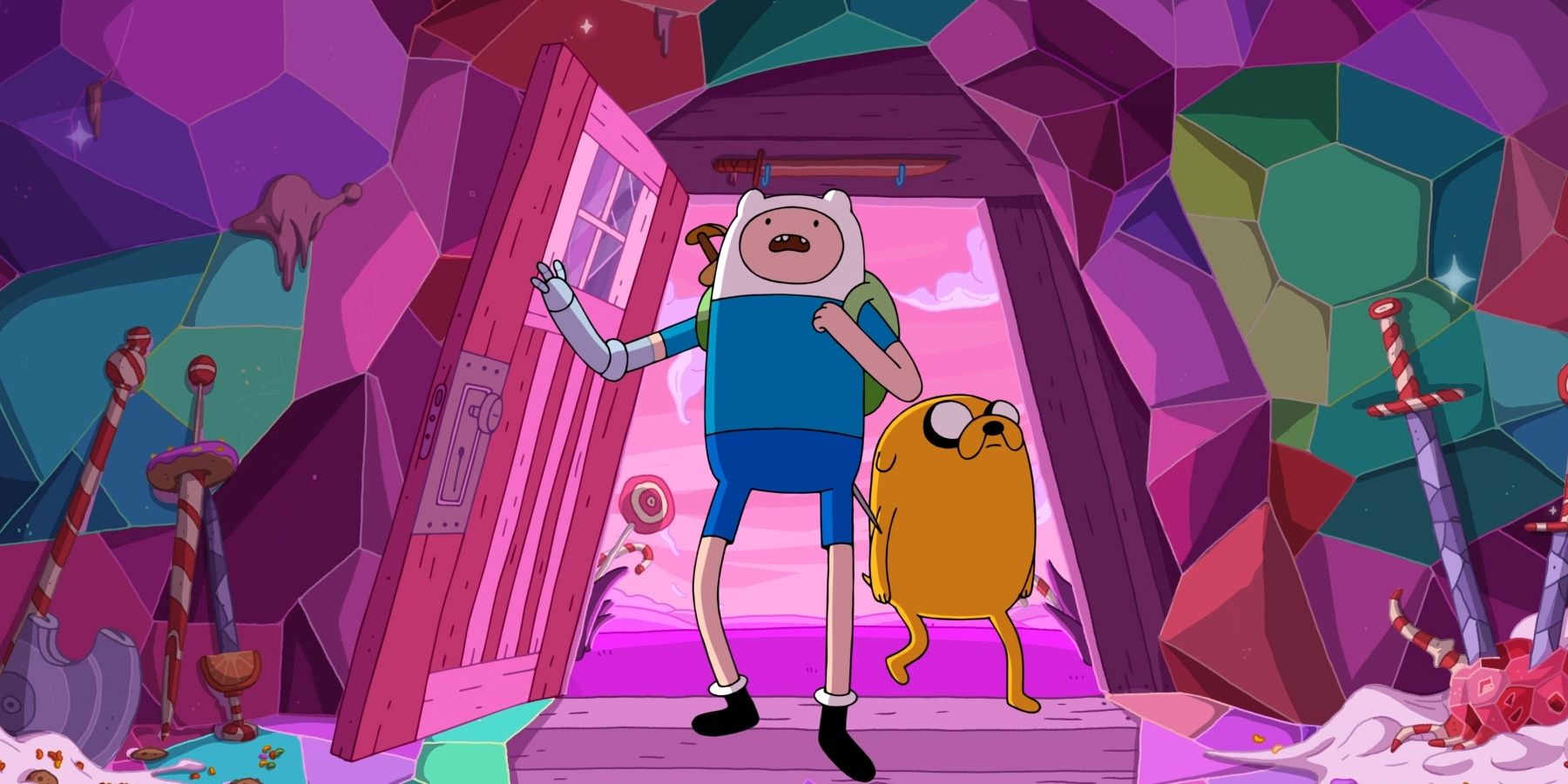 jake and finn walking into house in Adventure Time series
