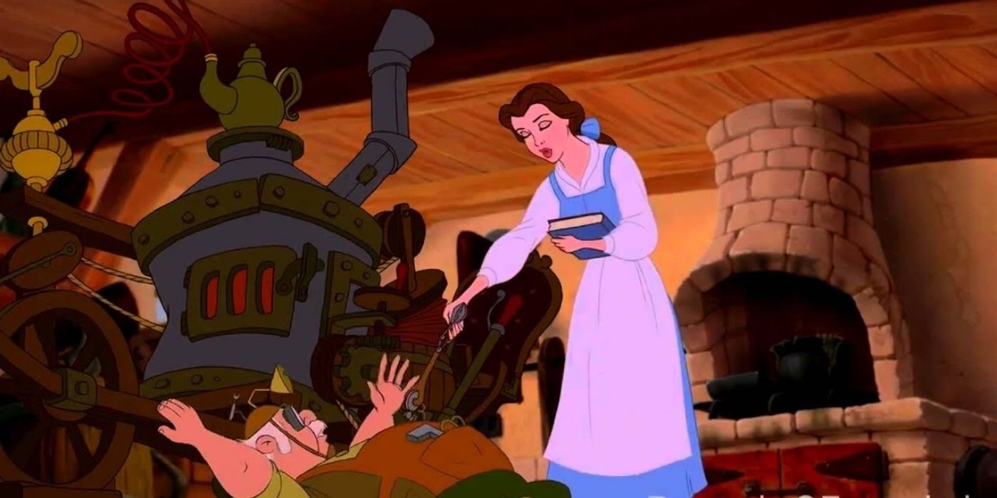 belle handing maurice a tool while he invents