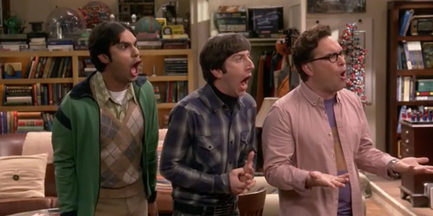 Raj, Howard, and Leonard looking shocked