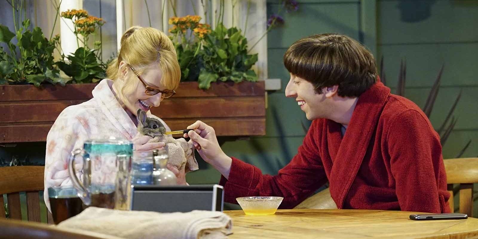 Howard and Bernadette with a rabbit at their house in Big Bang Theory