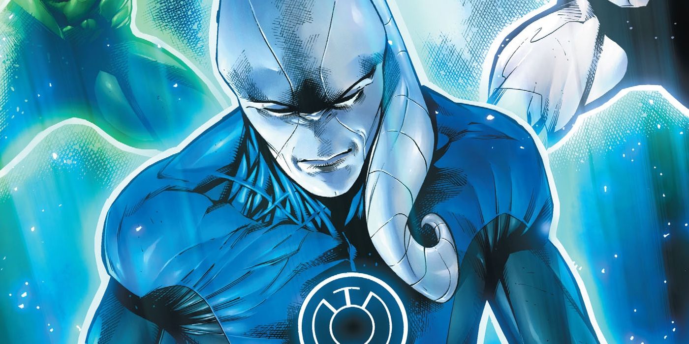 Saint Walker as Blue Lantern with his eyes closed in a DC comic.