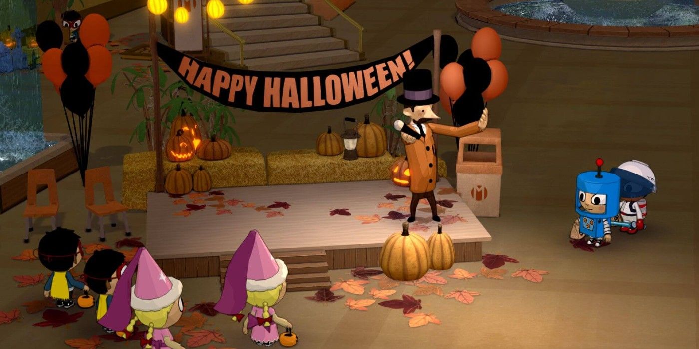 A scene from a Halloween Party in Costume Quest.