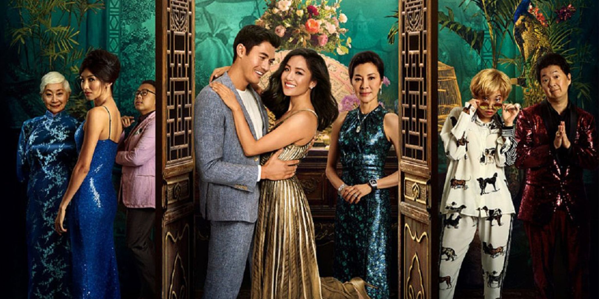 A promotional banner for Crazy Rich Asians featuring the main cast