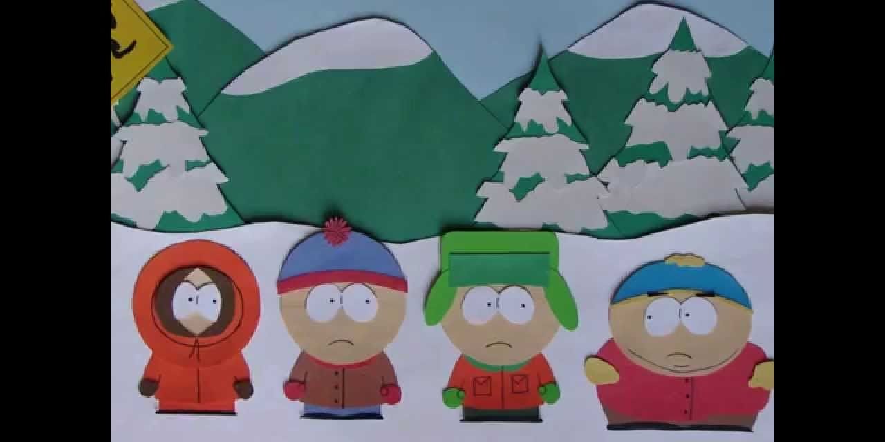 The South Park kids rendered in cardboard cutouts