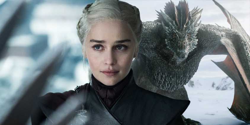 Collage of Daenerys Targaryen up front and Drogon lurking in the background