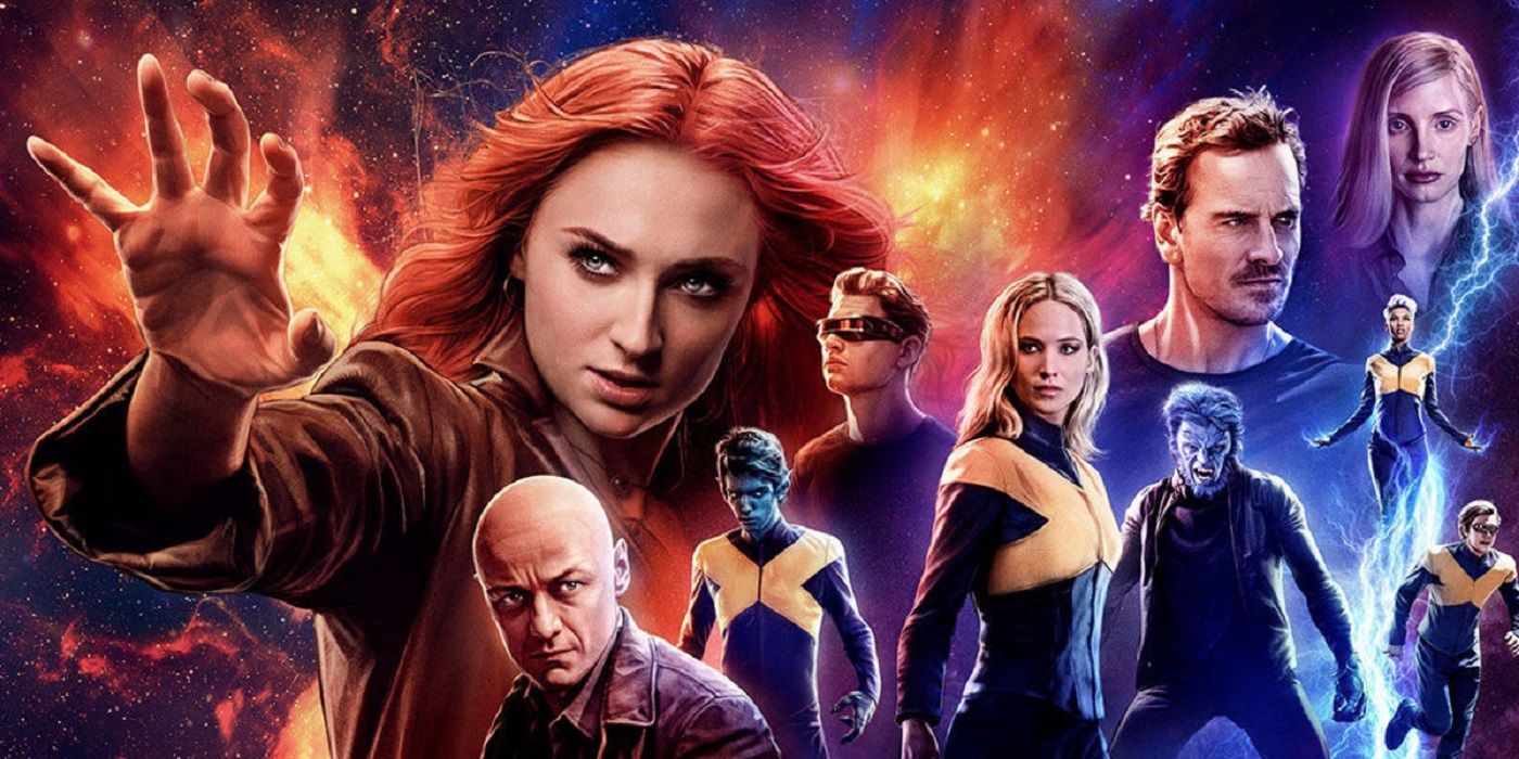 Blended image of all the X-Men with Jean Grey holding her hand out in Dark Phoenix.