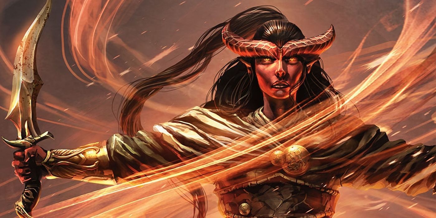A tiefling warlock surrounded by magic in D&amp;D