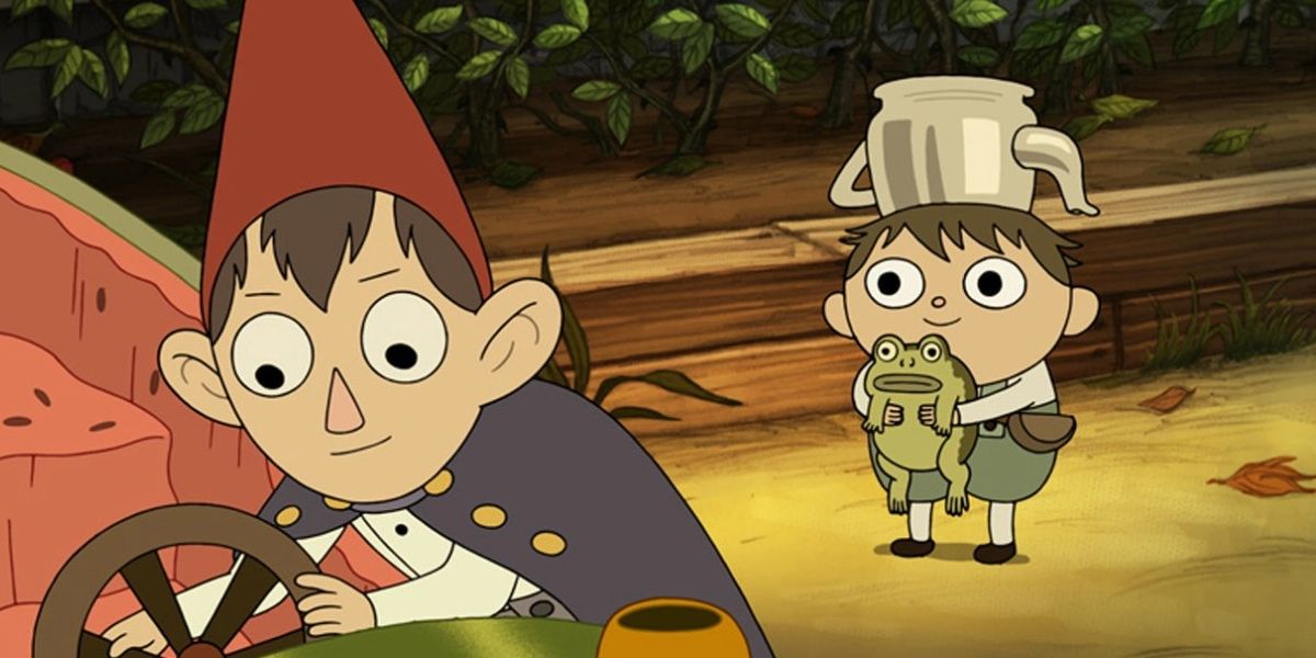 Wirt and Greg with their toad examining cart in Over the Garden Wall