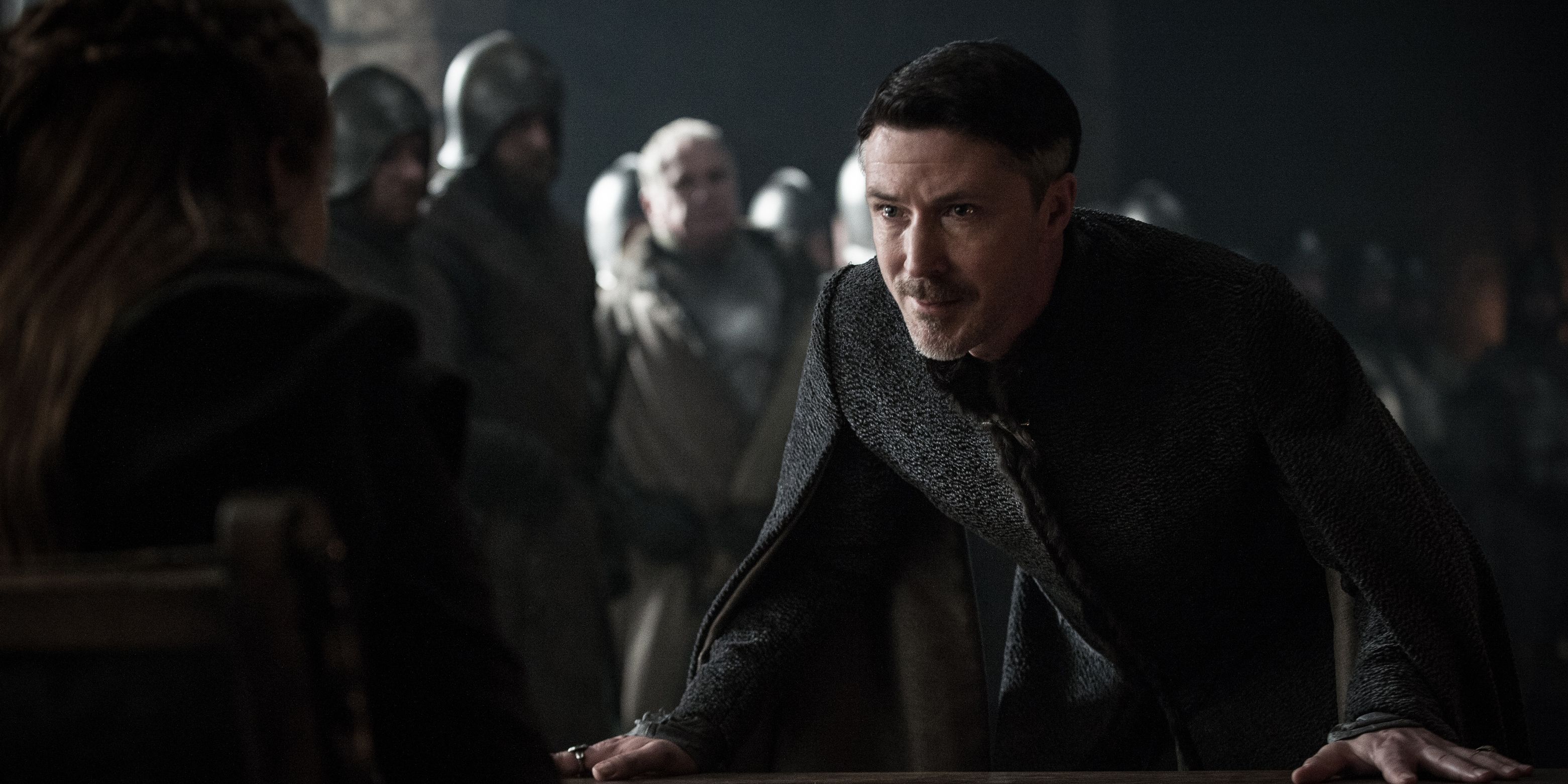 Petyr Baelish looking angry on trial in Game of Thrones 
