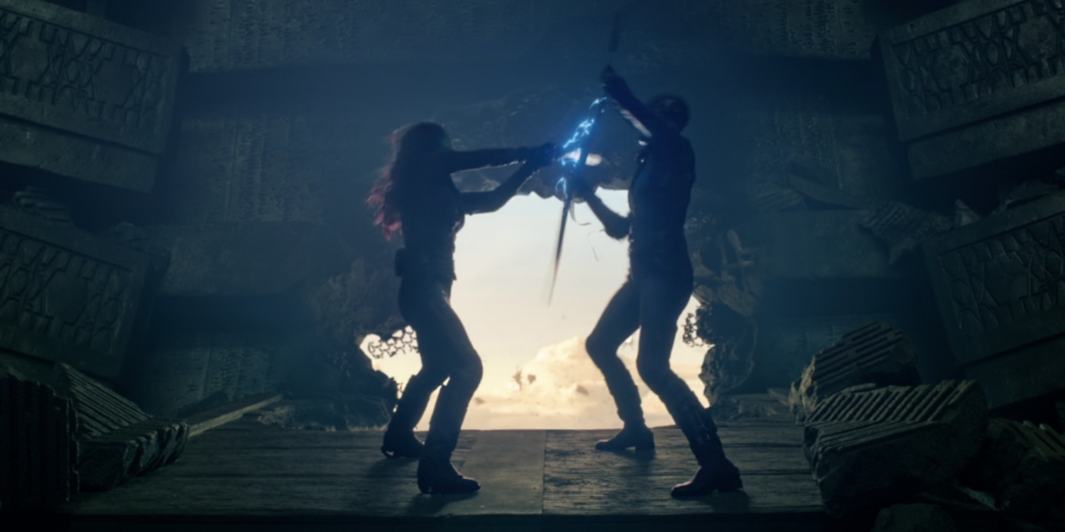 Gamora and Nebula fighting on ship in Guardians of the Galaxy.
