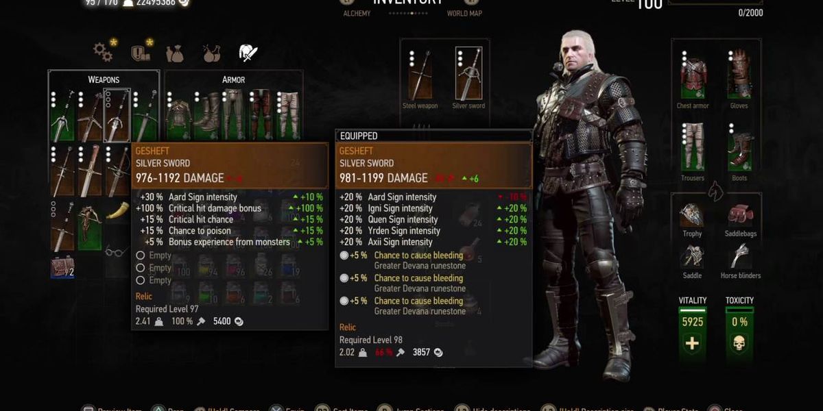 Tangkapan layar menu inventaris pemain di Witcher 3, menampilkan statistik pedang Gesheft.