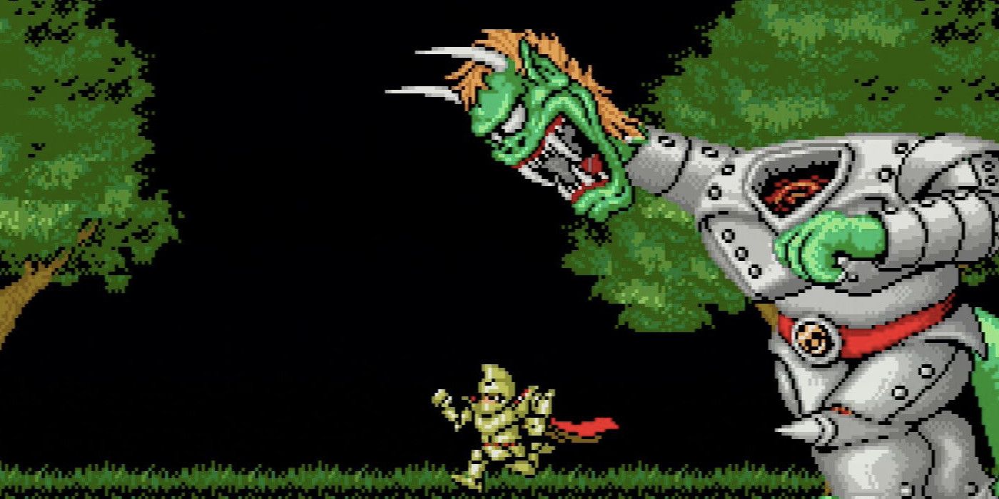 A knight runs away from a monster in Ghouls 'n Ghosts