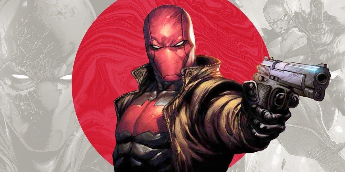 Red hood pointing gun
