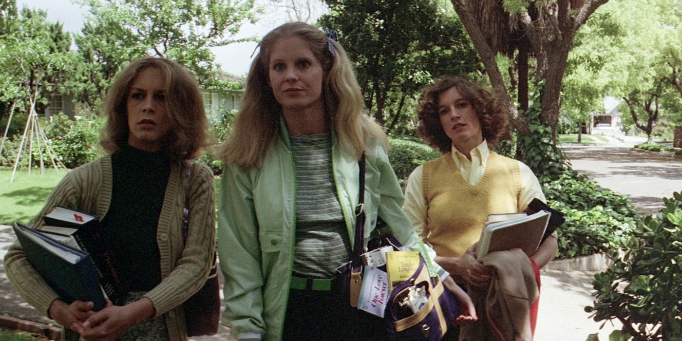 Laurie, Lynda, and Annie walk down a suburban street in Halloween.