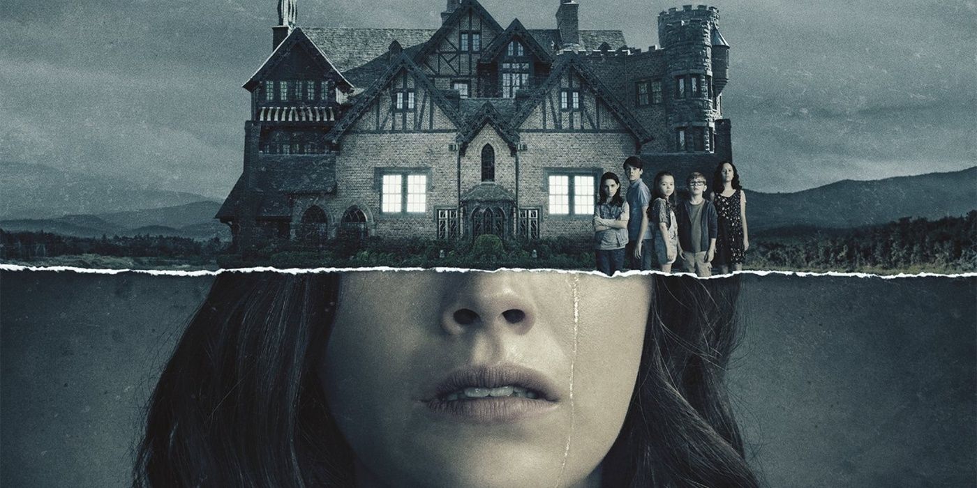 The poster for The Haunting Of Hill House showing the manor and a woman's face.