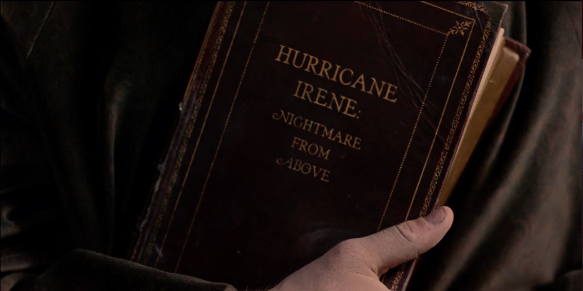Hurricane Irene book in confrontation scene in The Addams Family