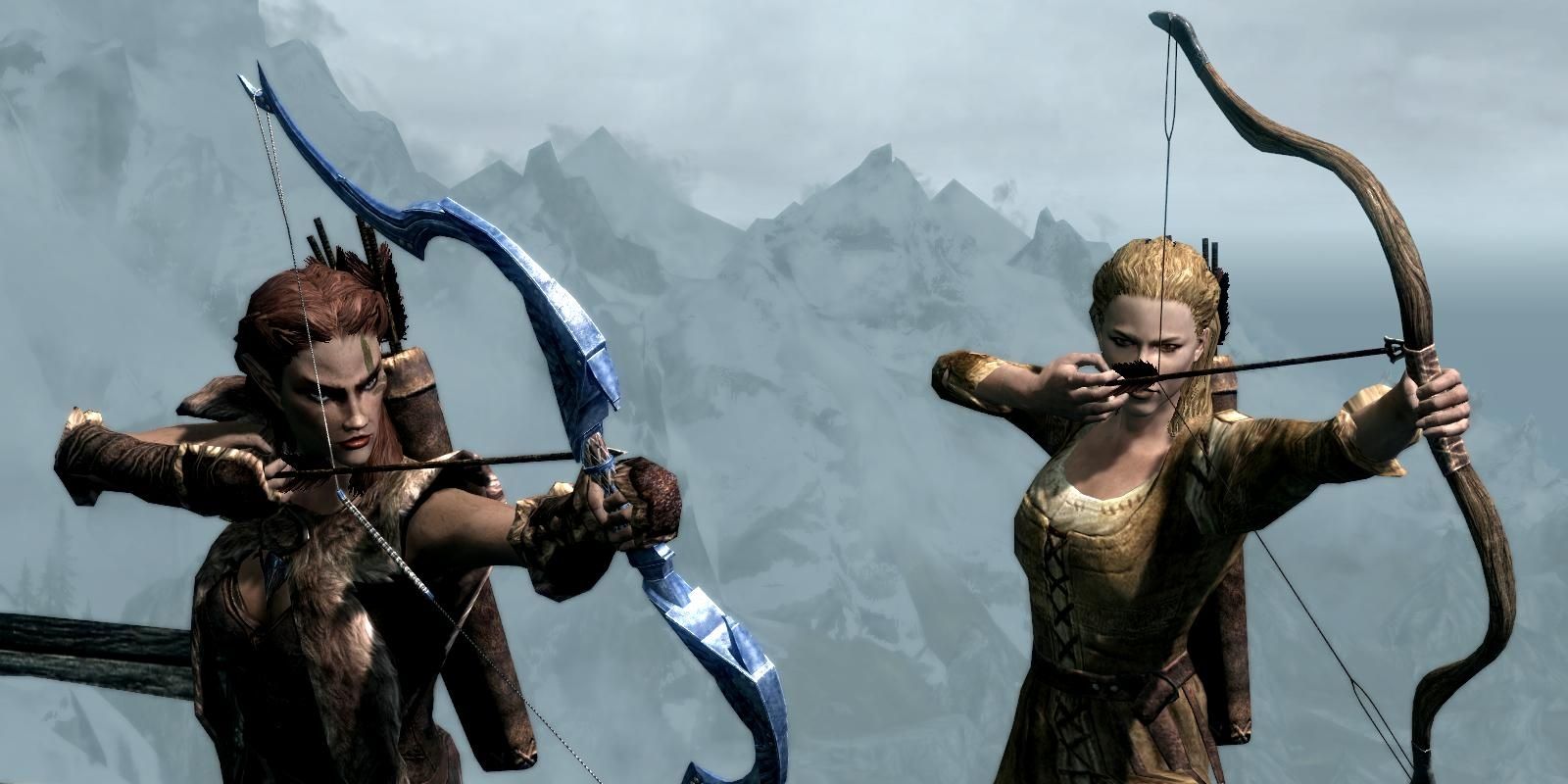 Two archers aim their arrows in Skyrim.