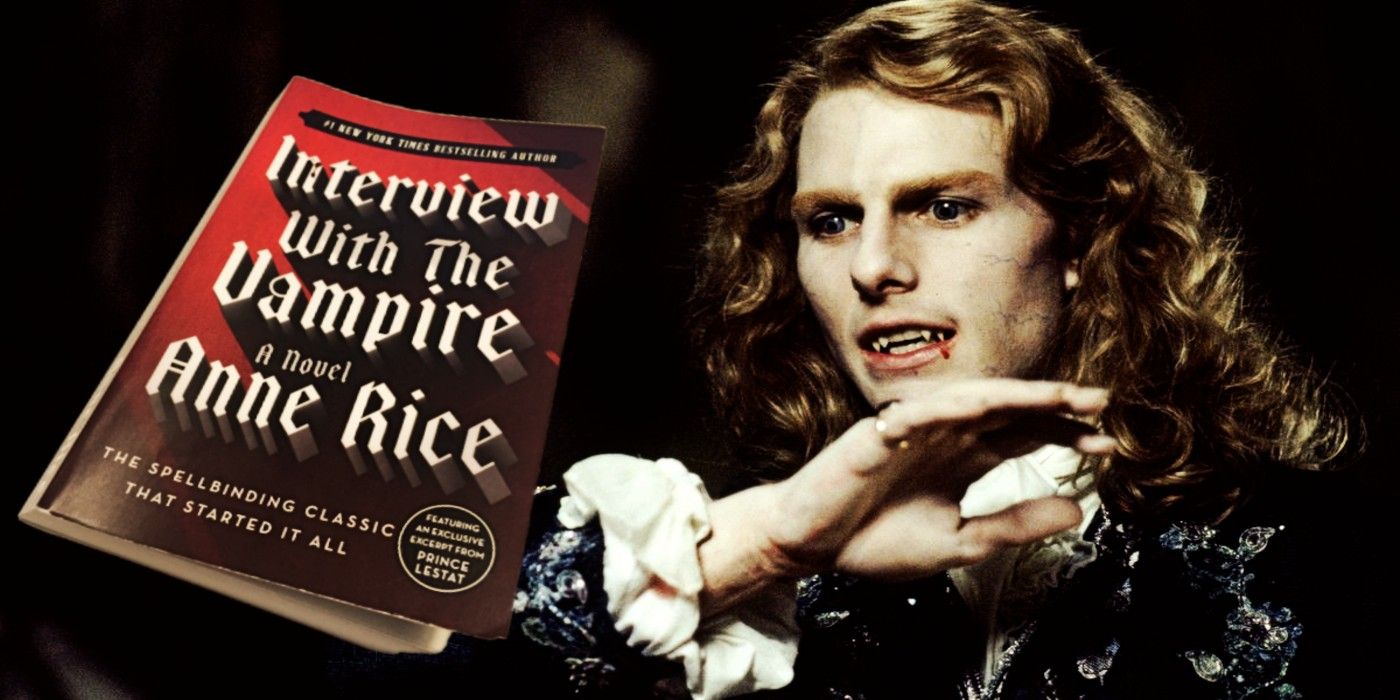 Two side by side images of the Interview with a Vampire book and Tom Cruise in the movie.