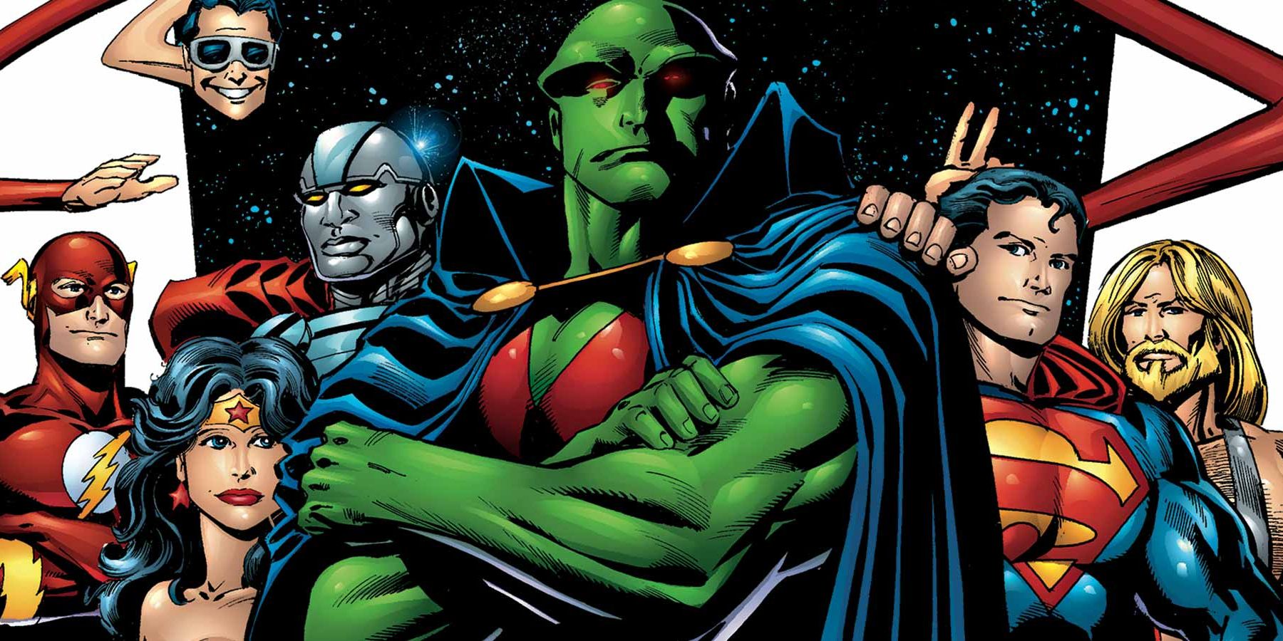 Martian Manhunter upfront with other Justice League members