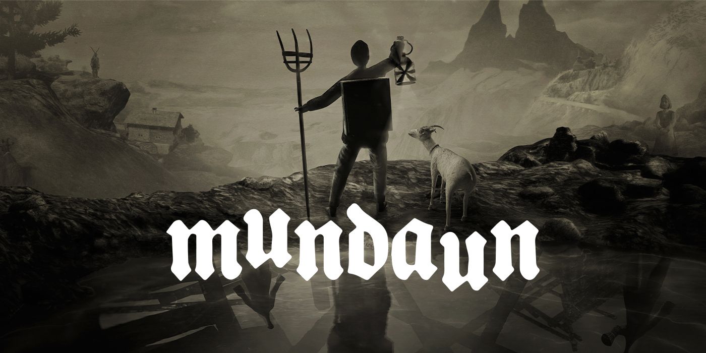 A man stands holding a pitchfork and lantern with a goat by his side in the key art for Mundaun.