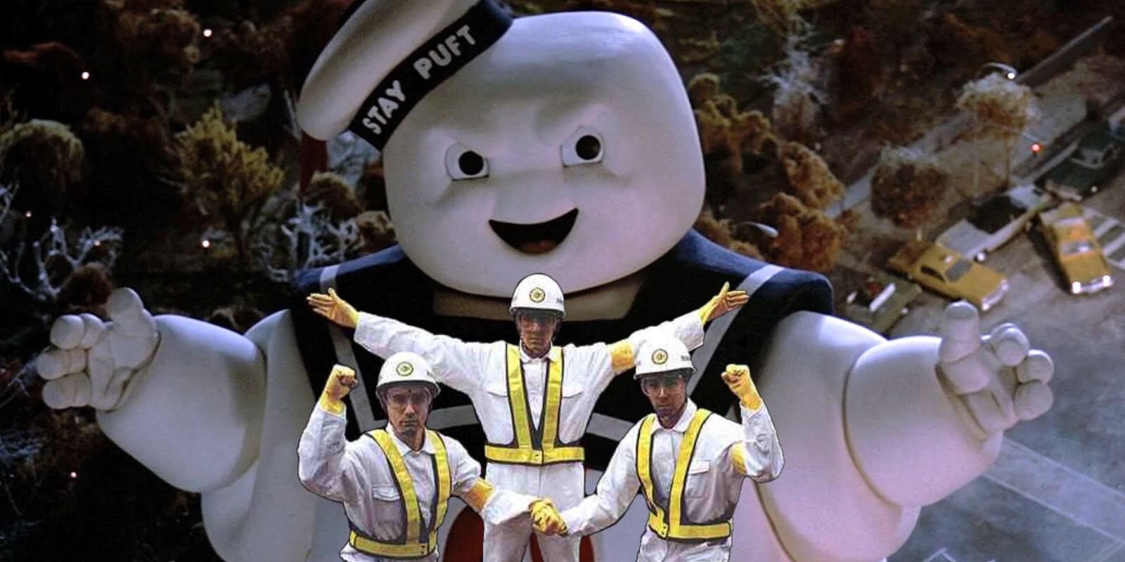 Beastie Boys stand in Intergalactic pose with Stay Puft Marshmallow Man