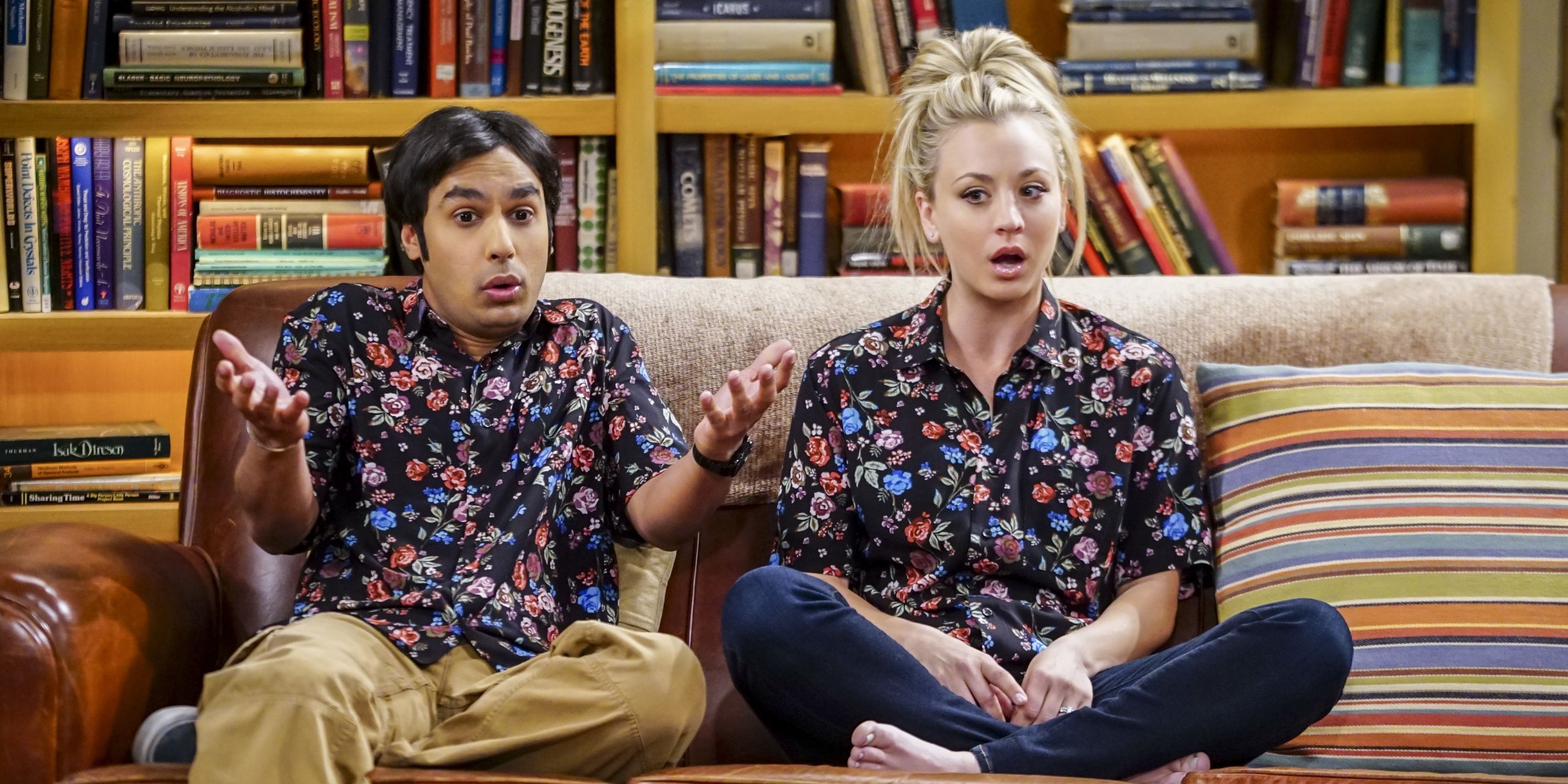 Penny and Raj sitting in matching shirts in The Big Bang Theory