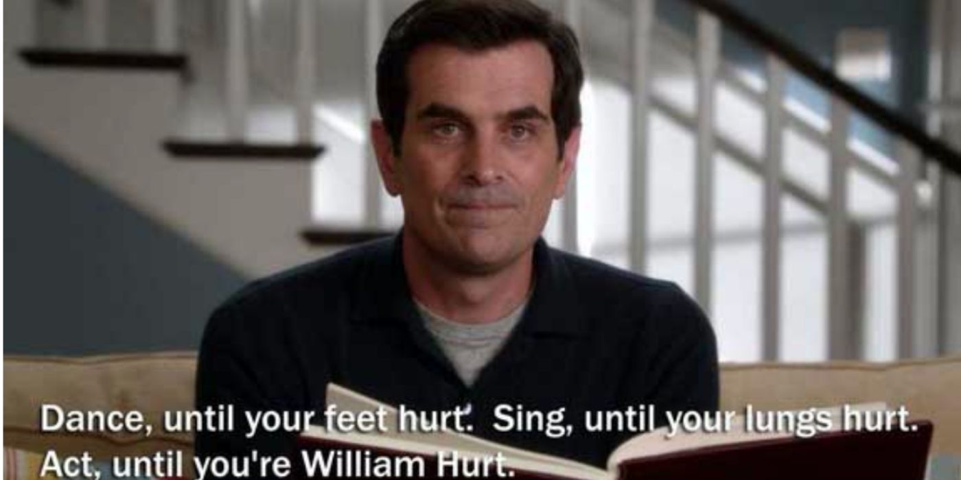 Phil Dunphy parecendo sério enquanto lia seu livro de Phils'osophies com o texto "Dance até seus pés doerem, cante até seus pulmões doerem, aja até que você se machuque." na parte inferior