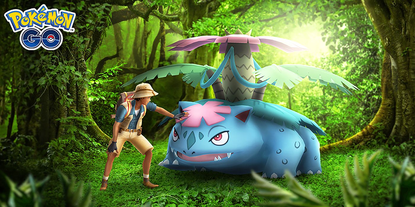 Promotional image for Pokémon Go Featuring a trainer stroking Mega Venusaur