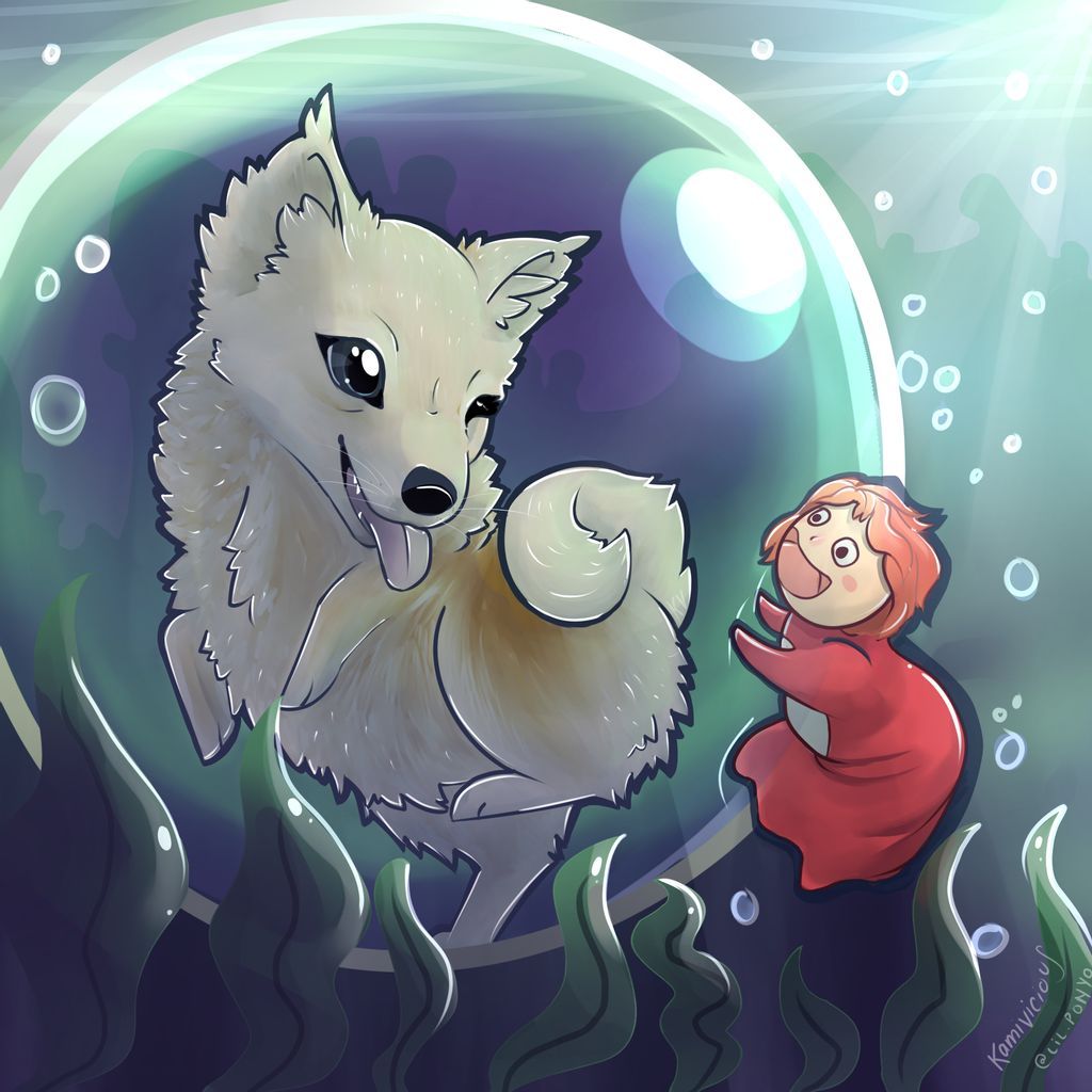 Studio Ghibli fanart featuring white dog by kamivicious