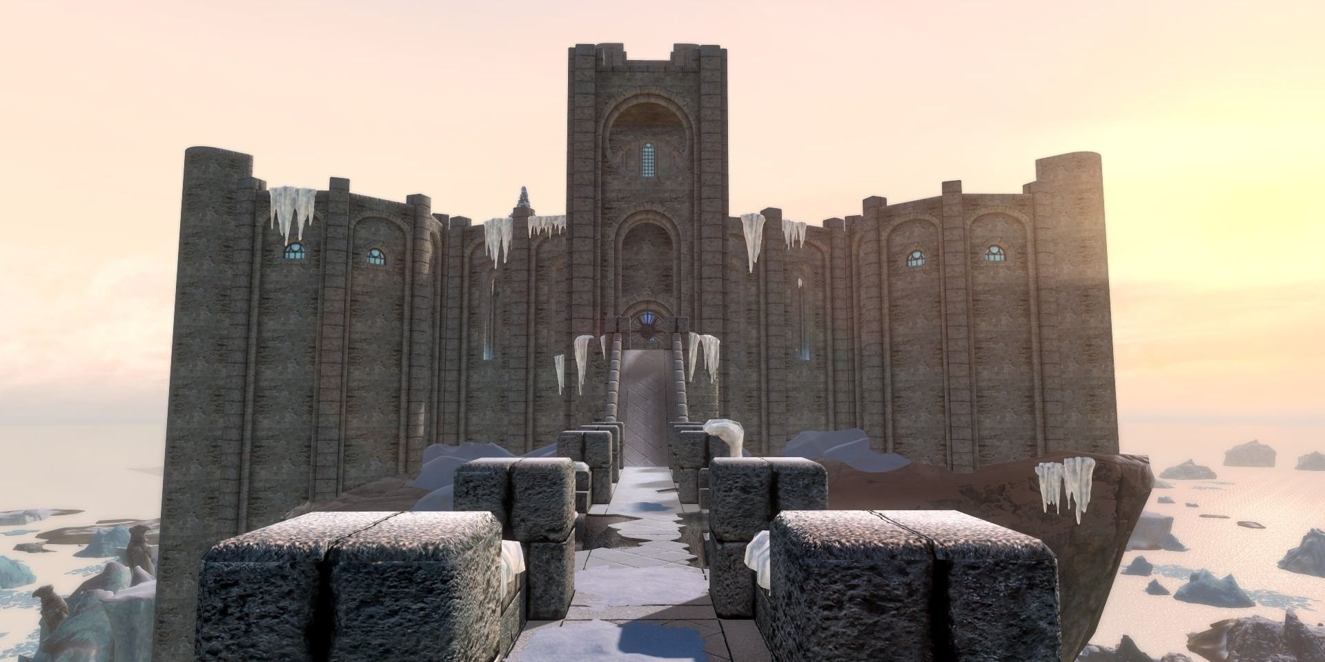 The sun sets behind the College of Winterhold in Skyrim.
