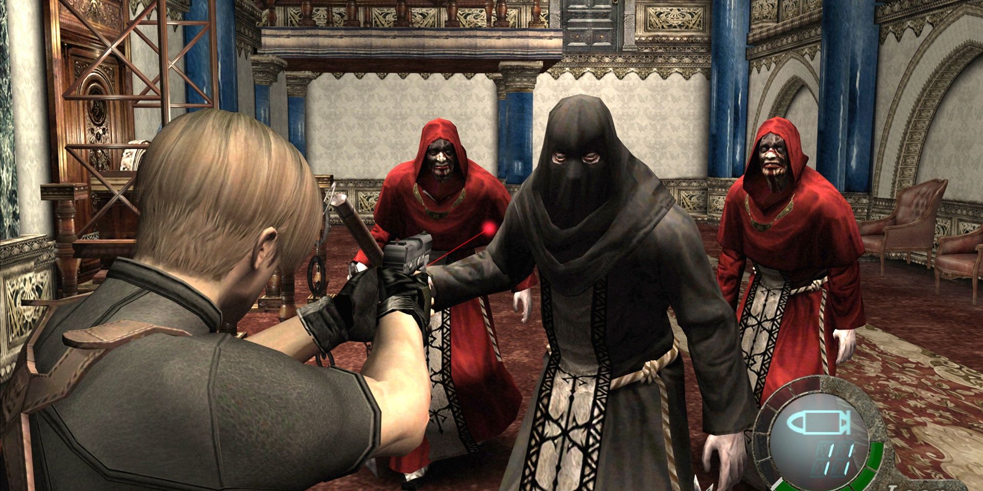 Leon fighting cultists in Resident Evil 4