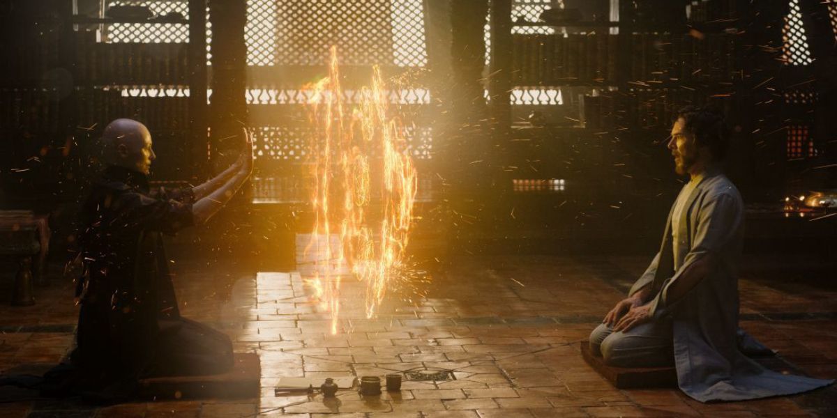 Strange sits with the ancient one as she casts a spell from Doctor Strange