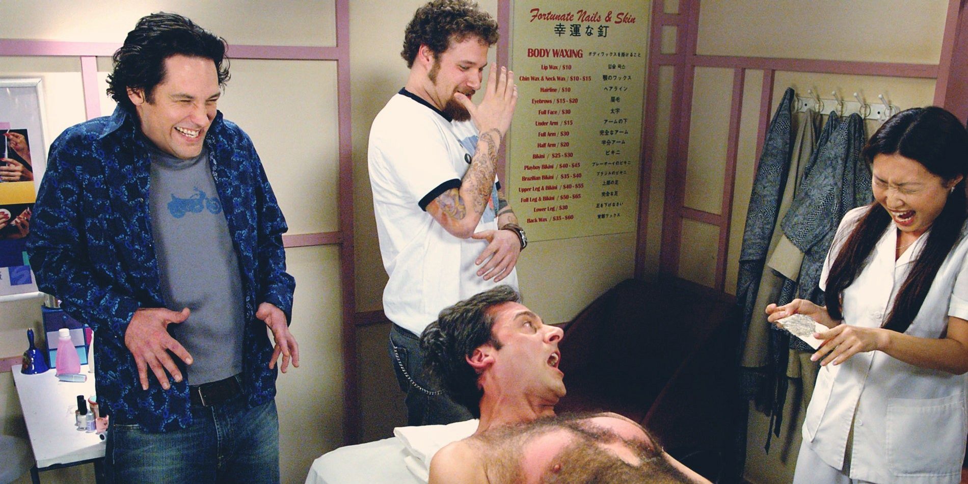 Steve Carrel has his chest waxed in The 40-Year-Old Virgin as Paul Rudd and Seth Rogen cringe at the pain