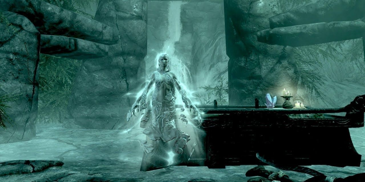 The Pale Lady appears in a cave in Skyrim.