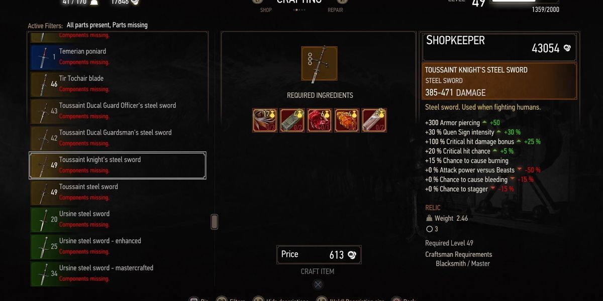 A screengrab of the crafting menu, depicting the requirements to make the Toussaint Knight Steel Sword in Witcher 3.