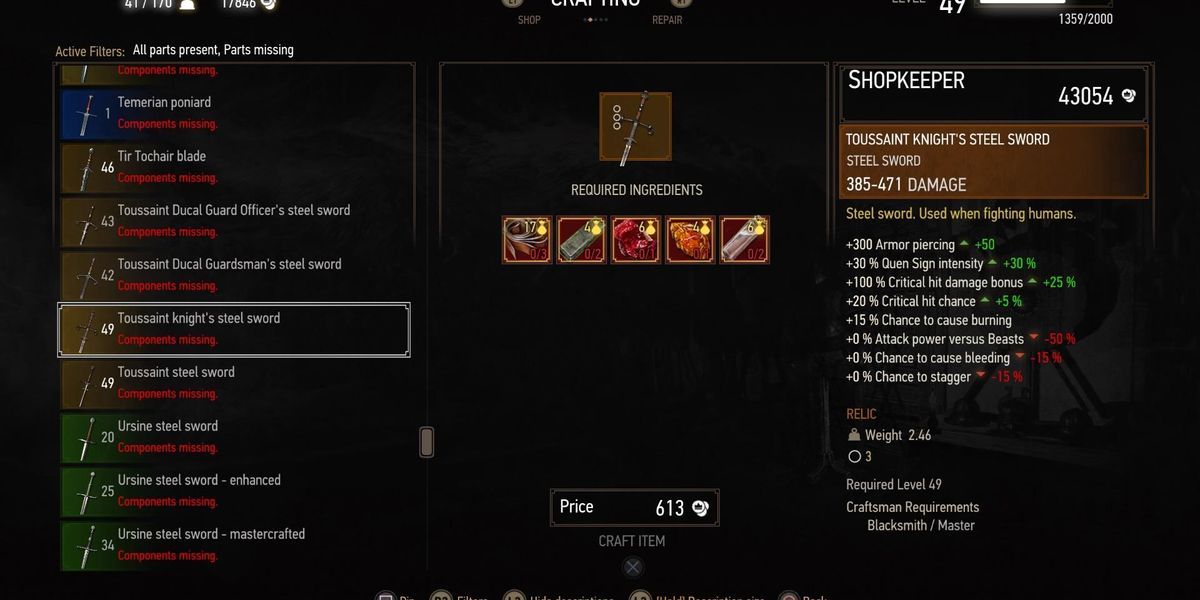 Tangkapan layar menu kerajinan, yang menggambarkan persyaratan untuk membuat Pedang Baja Ksatria Toussaint di Witcher 3.