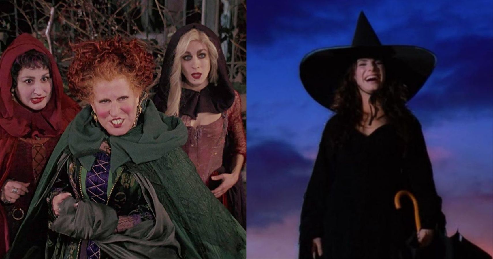 A split image features the Sanderson sisters from Hocus Pocus and Sally Owens in Practical Magic