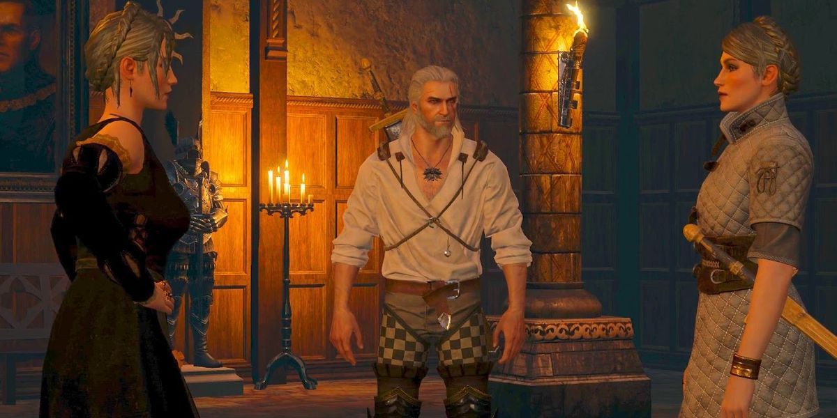 Geralt standing in between the var Attre sisters in the Witcher 3, in the middle of a fencing lesson.
