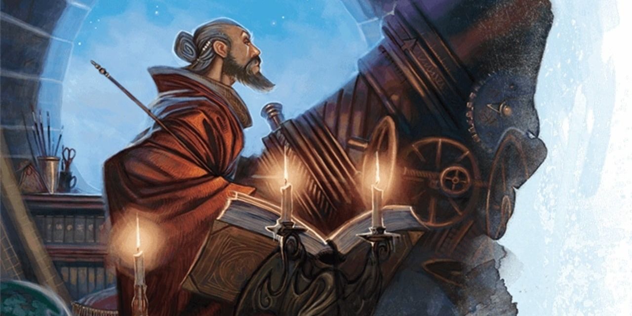 A wizard from D&D in their tower, looking at a vast telescope
