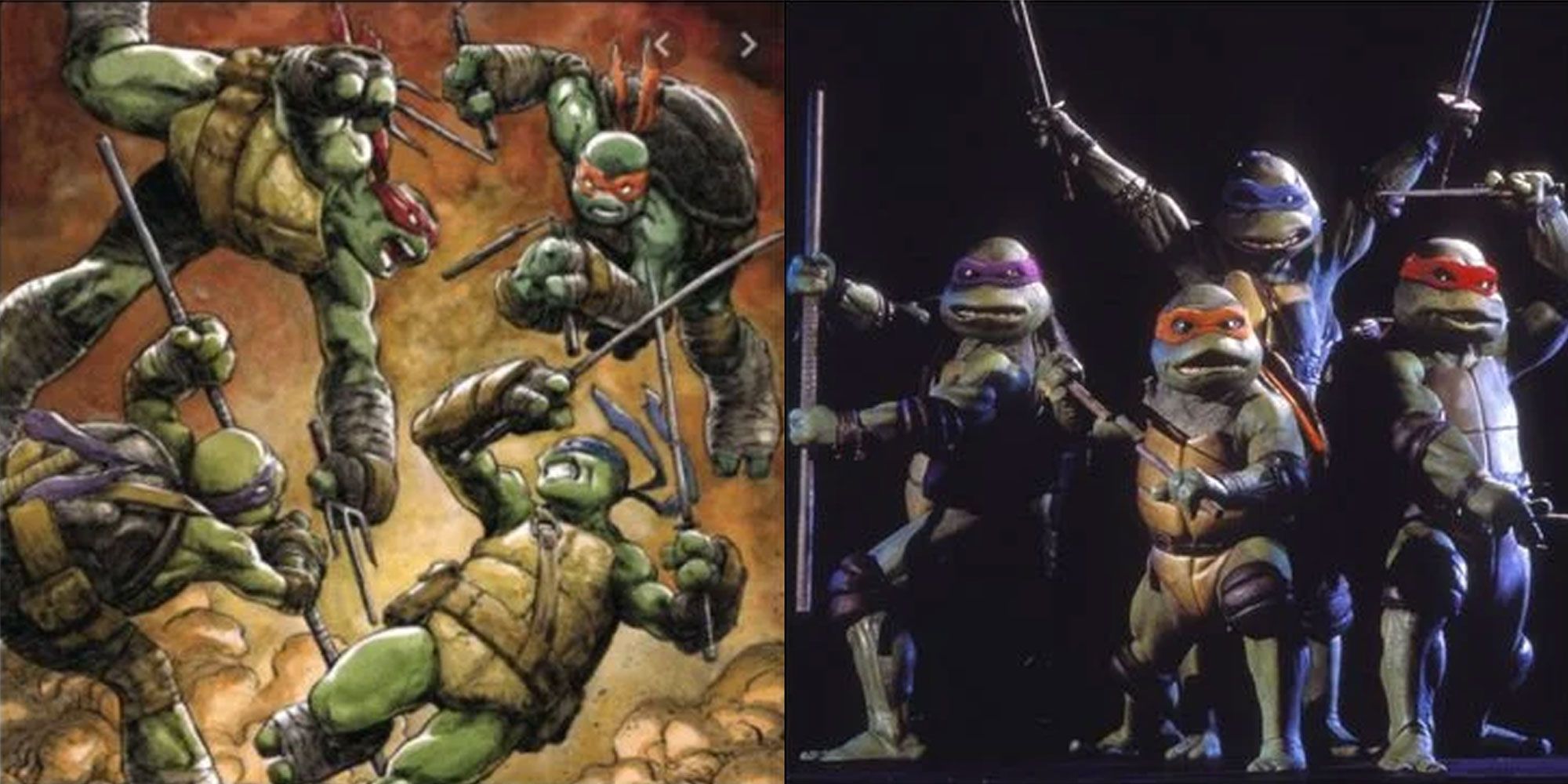 A split image features comic book Teenage Mutant Ninja Turtles alongside the original live action movie depiction