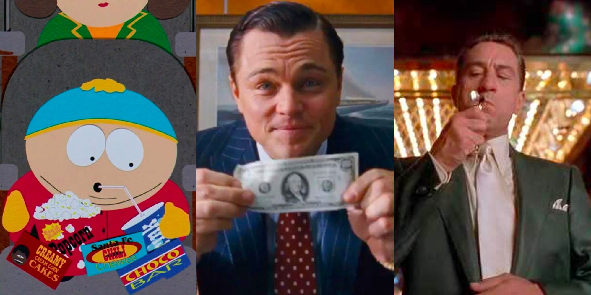 A collage of Eric Cartman, Leonardo DiCaprio as Jordan Belfort and Robert De Niro as Ace Rothstein