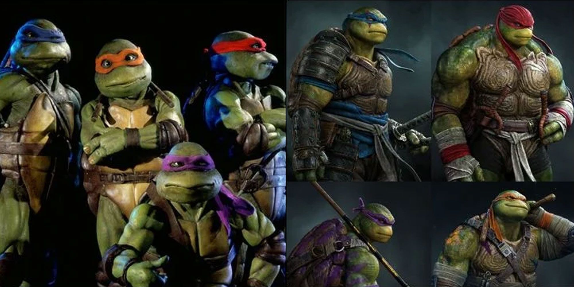 A split image compares the 90s live action Ninja Turtle design to the 2016 design