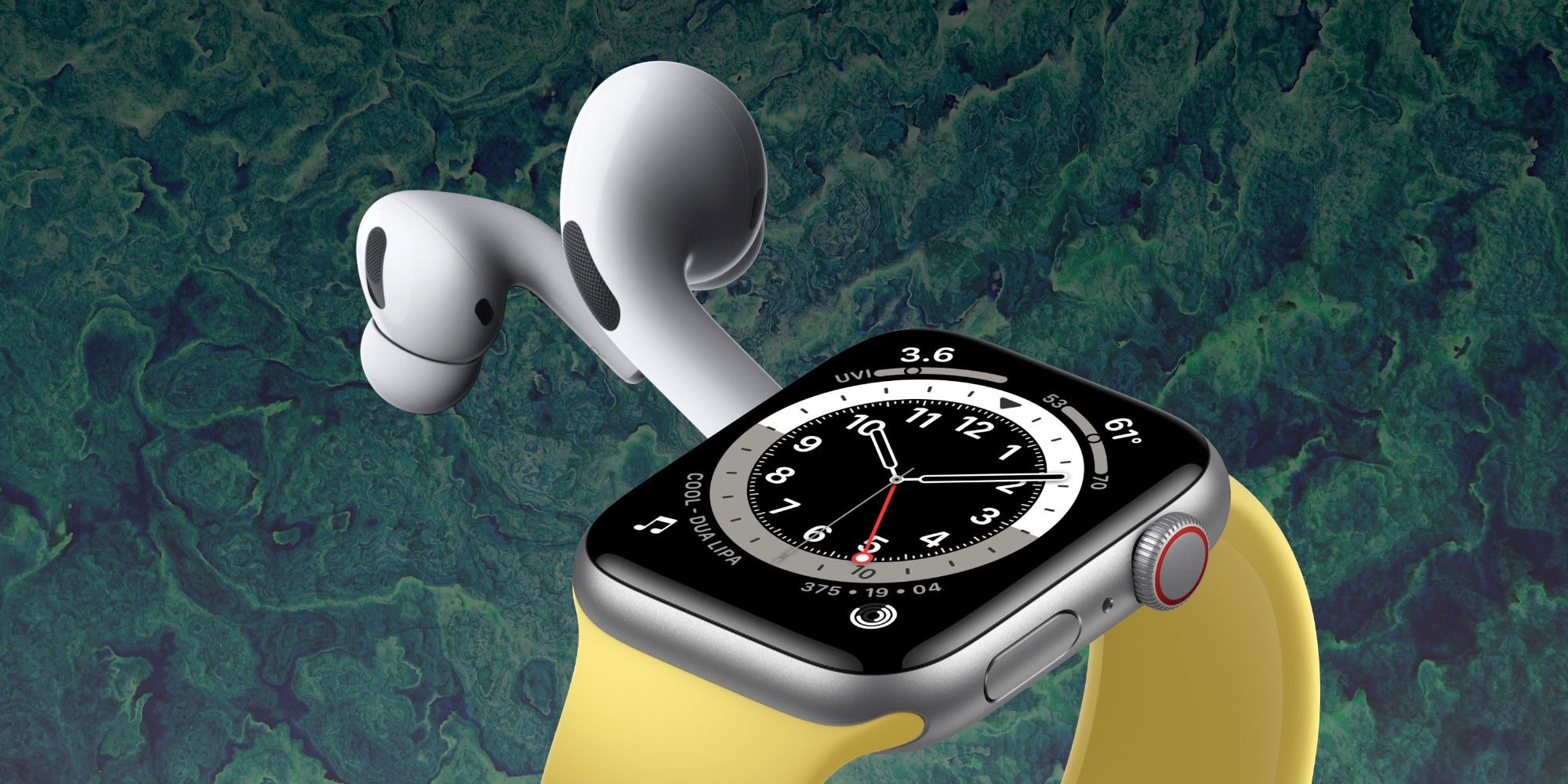An Apple Watch with AirPods Pro