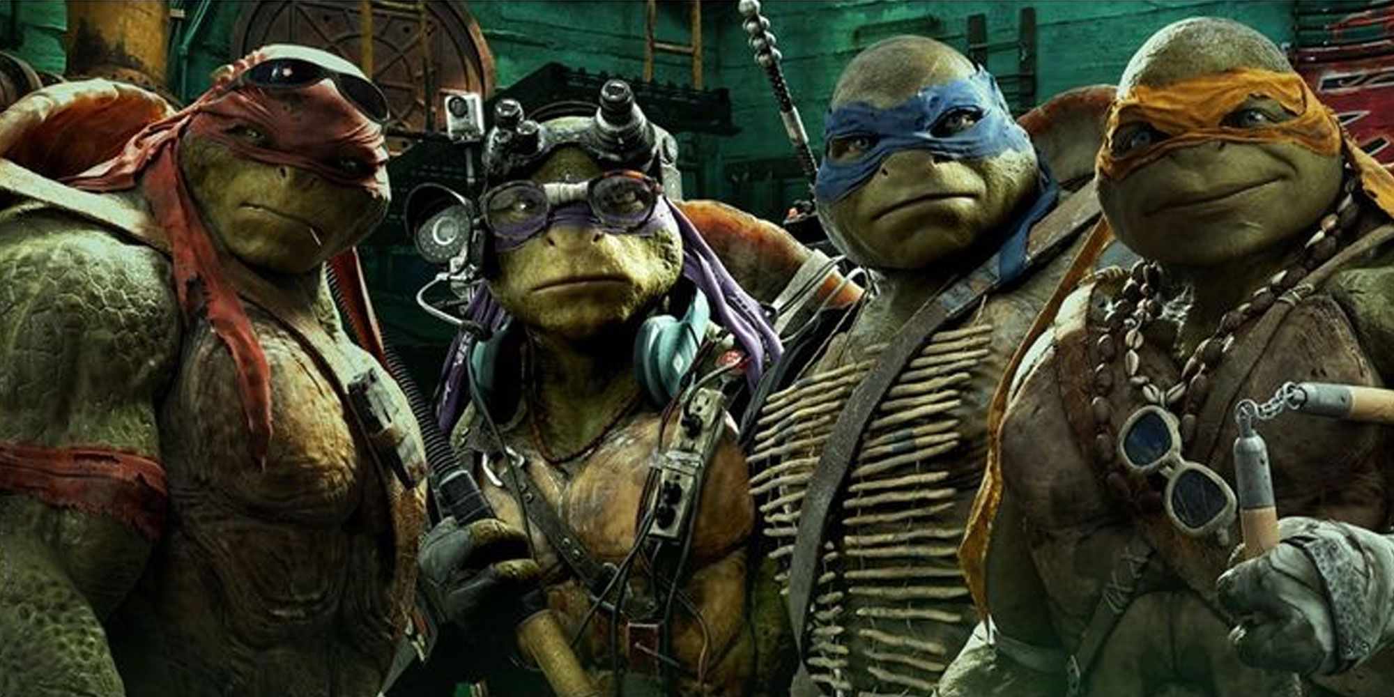 A closeup of the modern Ninja Turtles in Michael Bay's movie