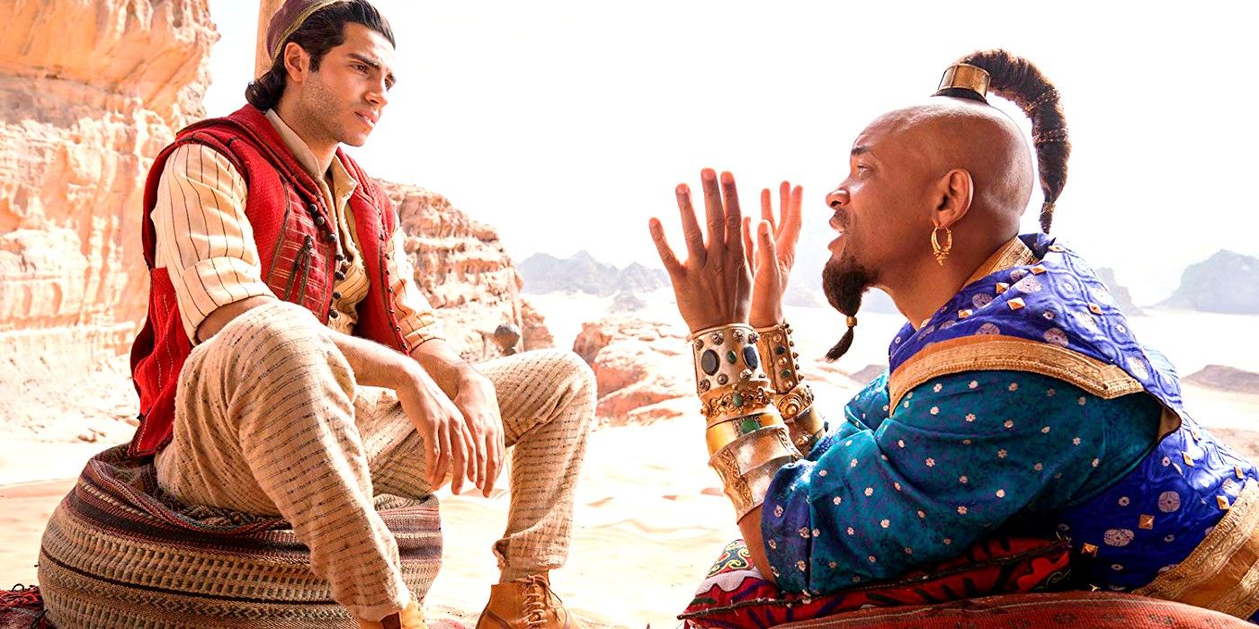 Aladdin talks to the Genie in the live-action Disney remake of Aladdin