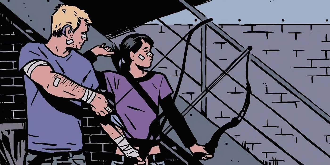 Hawkeye and Kate Bishop preparing to shoot arrows in Marvel Comics