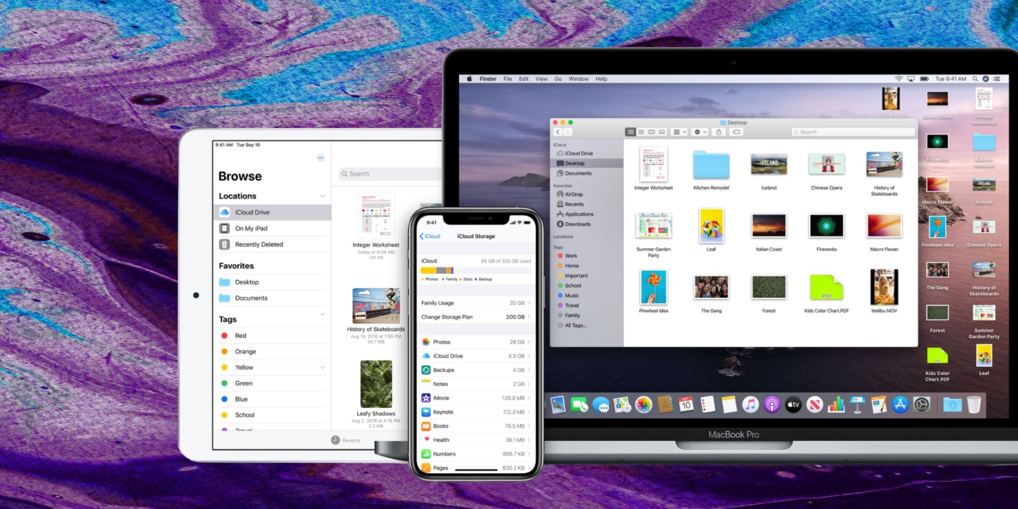 Apple iCloud storage shown on an iPhone, iPad, and MacBook